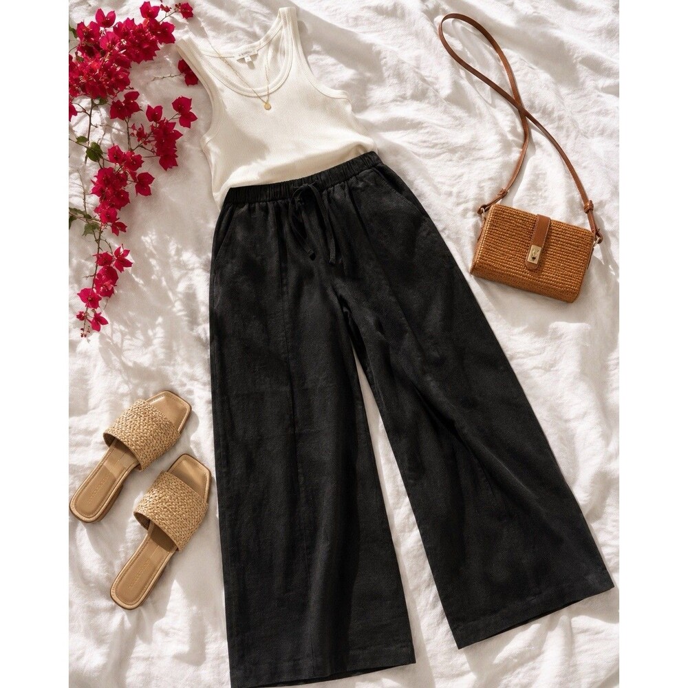 Gap Black Linen Wide Leg Drawstring Pants NWT Size L